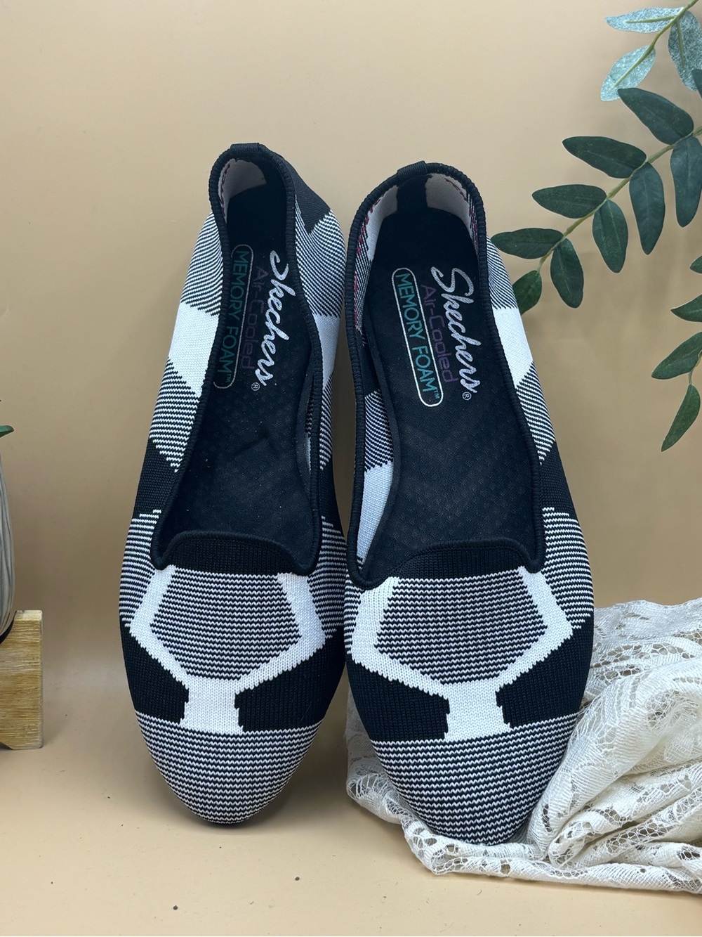 Skechers Black and White Knit Slip-On Flats